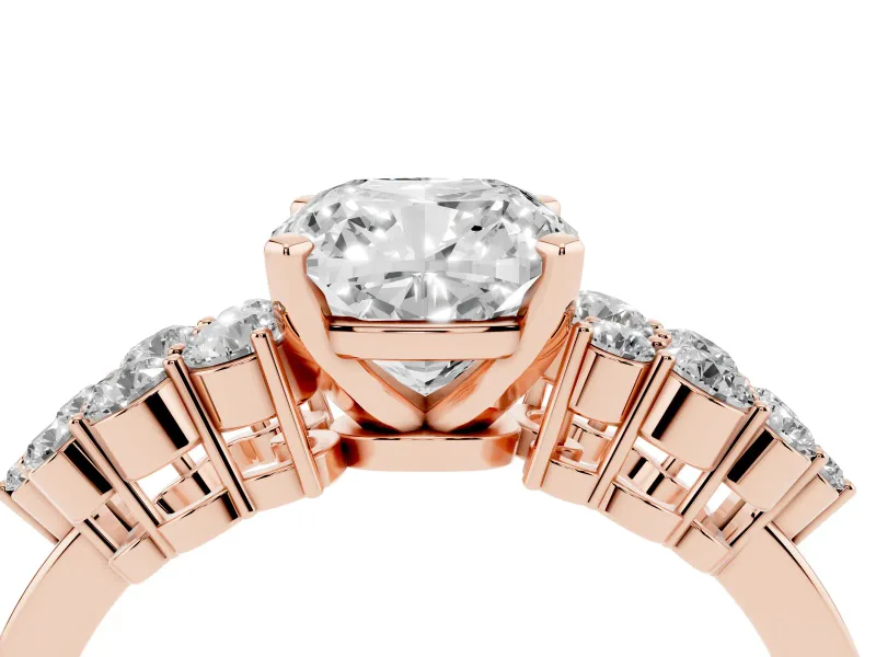 Cushion Cut Diamond Cluster Engagement Ring Set in Rose gold with Pavé Band and Prong Setting