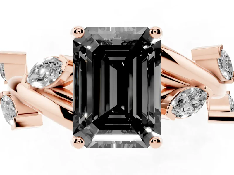 Emerald Cut Twisted Vine Engagement Ring Setting for a Black Center | Marquise Leaves | Rose Gold