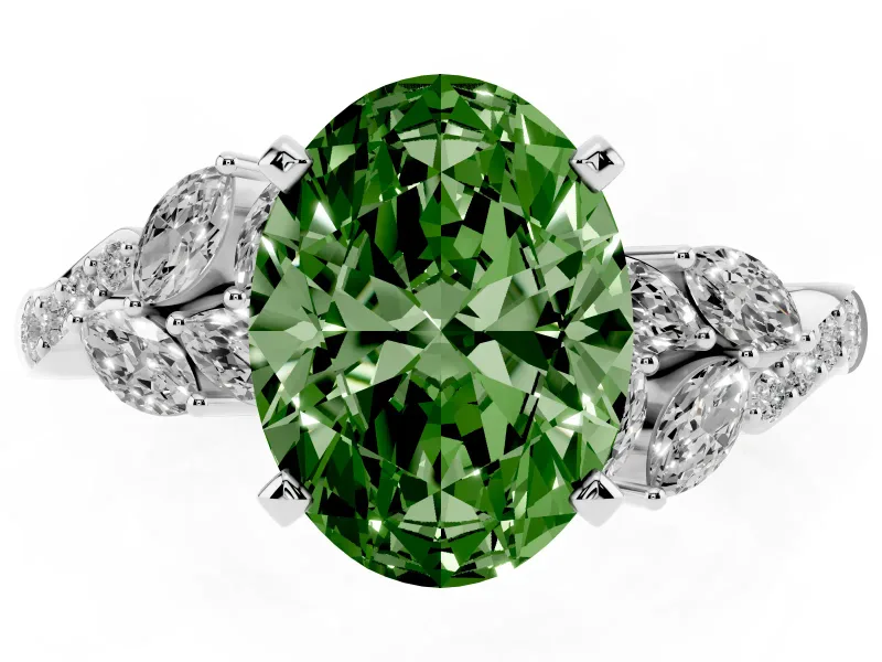 Fancy Green Oval Cut Diamond Solitaire Ring Set in White gold with Marquise Twist Band and Prong Setting