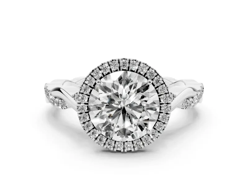 Round Cut Diamond Halo Twist Band Solitaire Ring Set in White gold with Prong Setting