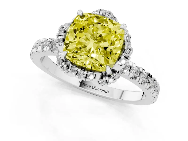 Cushion Cut Floral Petal Halo Engagement Ring Setting for a Fancy Yellow Lab-Grown Diamond | Pavé Band | Platinum