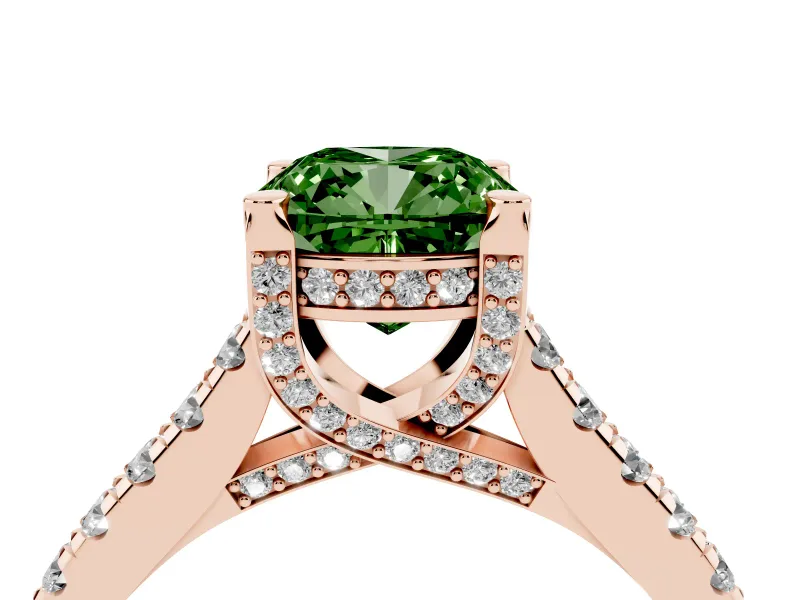 Cushion Cut Hidden Halo Pave Engagement Ring Setting for a Fancy Green Lab-Grown Diamond | Claw Prongs | Rose Gold