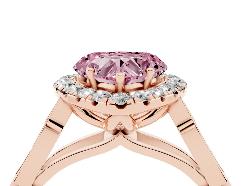 Fancy Pink Heart Cut Diamond Halo Engagement Ring Set in Rose gold with Filigree Band and Prong-Set Center