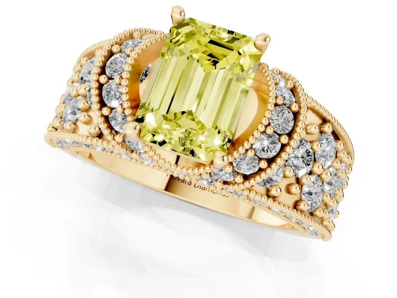 Emerald Cut Vintage Pave Engagement Ring Setting for a Fancy Yellow Lab-Grown Diamond | Milgrain Edges | Yellow Gold