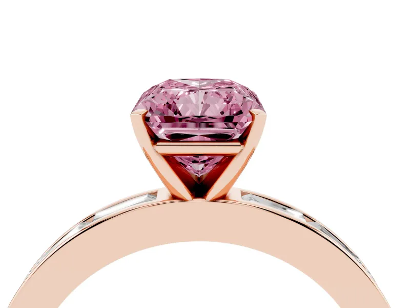 Fancy Pink Radiant Cut Diamond Solitaire Ring Set in Rose gold with Channel-Set Baguette Band and Prong Setting