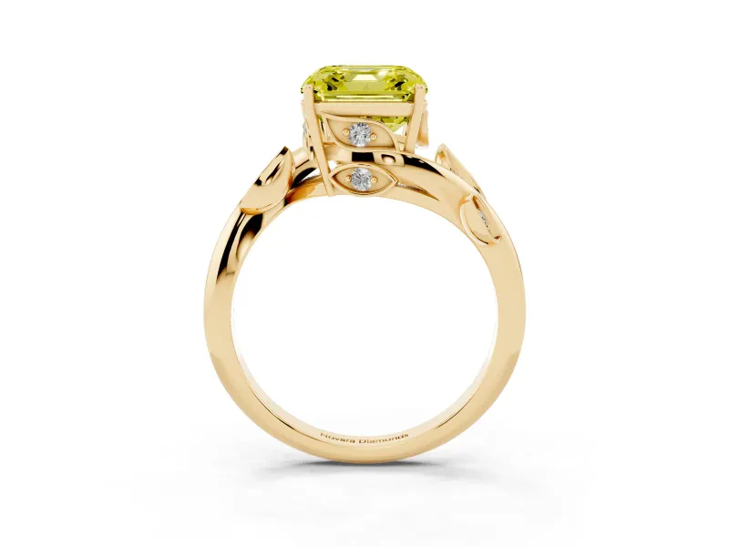 Asscher Cut Twisted Bypass Engagement Ring Setting for a Fancy Yellow Lab-Grown Diamond | Accented Leaves | Yellow Gold