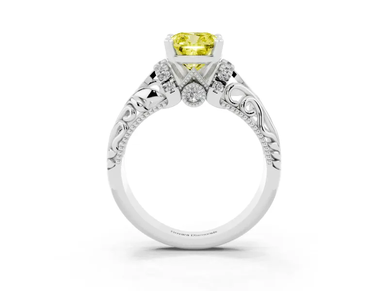 Fancy Yellow Cushion Cut Diamond Filigree Halo Engagement Ring Set in Platinum with Prong Setting