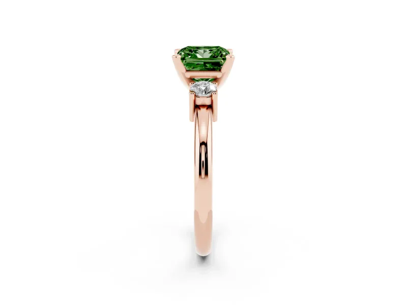 Princess Cut Three Stone Engagement Ring Setting for a Fancy Green Lab-Grown Diamond | Round Side Stones | Rose Gold