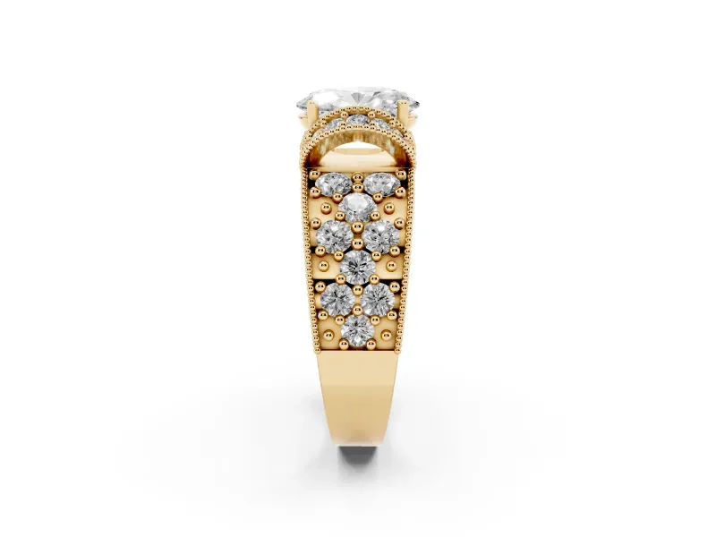 Oval Vintage Milgrain Pave Engagement Ring Setting | Crescent Side Rows | Yellow Gold