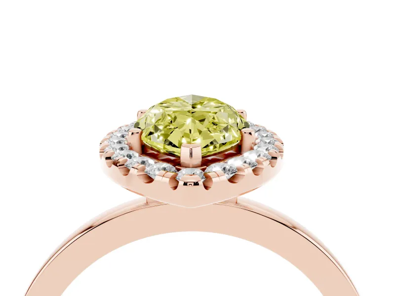 Fancy Yellow Marquise Cut Diamond Halo Solitaire Ring Set in Rose gold with Pavé Band and Prong Setting