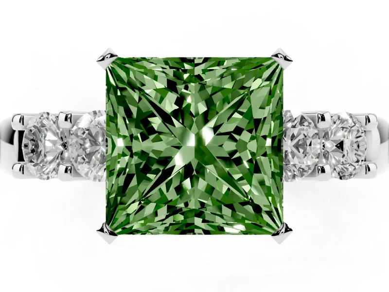 Fancy Green Princess Cut Diamond Five-Stone Prong Set Engagement Ring Set in Platinum with Channel Band