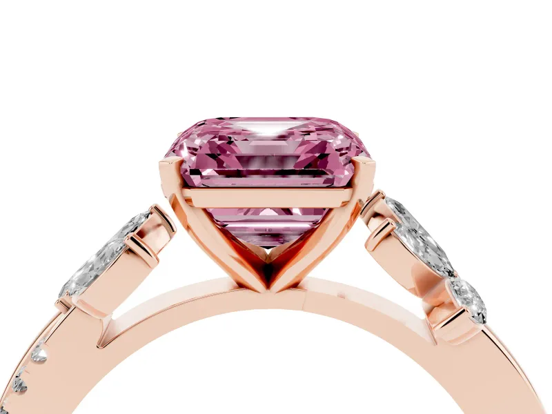 Fancy Pink Asscher Cut Diamond Floral Vine Solitaire Engagement Ring Set in Rose gold with Marquise Leaves