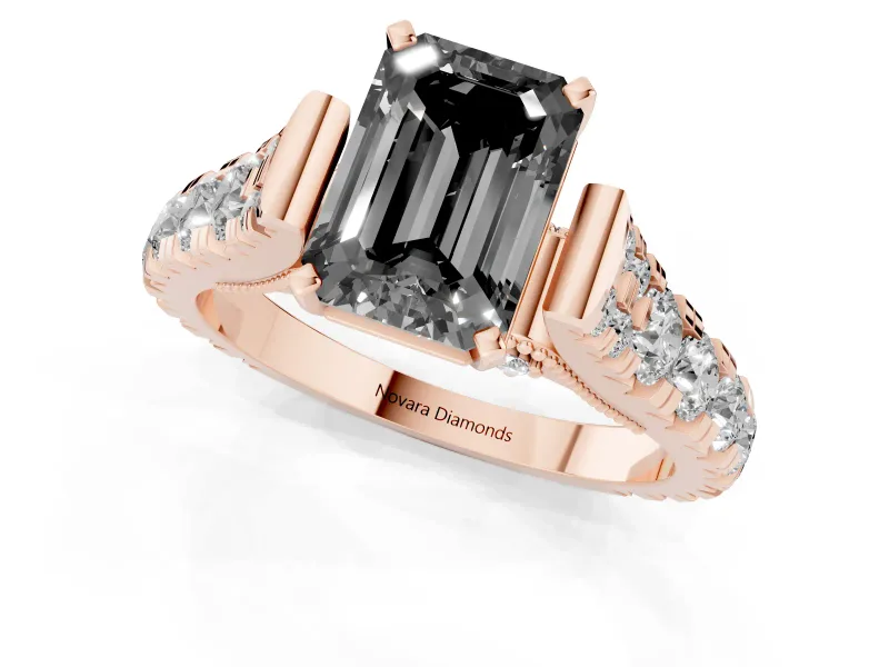 Fancy Black Emerald Cut Diamond Classic Solitaire Ring Set in Rose gold with Pavé Band and Prong Setting