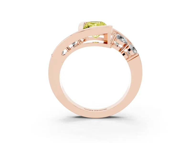 Fancy Yellow Radiant Cut Diamond Bezel Bypass Ring Set in Rose gold with Round Accents