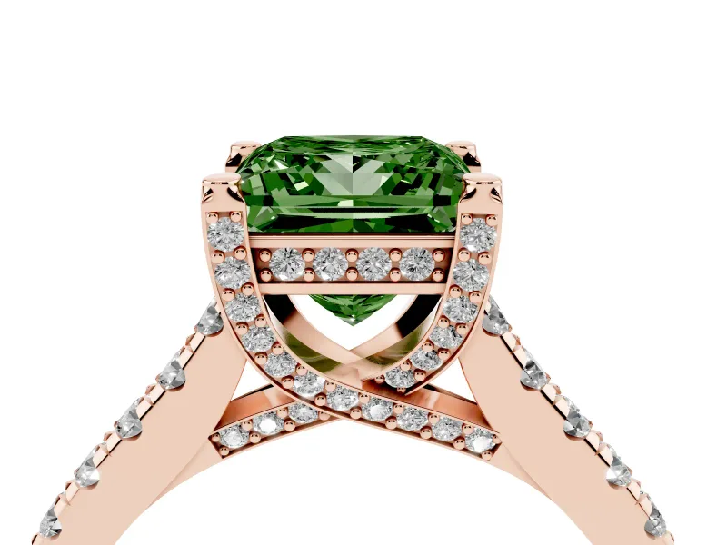 Princess Cut Hidden Halo Pave Engagement Ring Setting for a Fancy Green Lab-Grown Diamond | Claw Prongs | Rose Gold