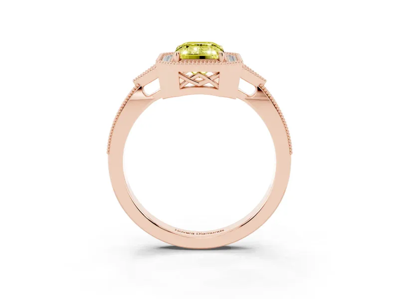 Emerald Cut Milgrain Halo Engagement Ring Setting for a Fancy Yellow Lab-Grown Diamond | Graduated Pavé | Rose Gold