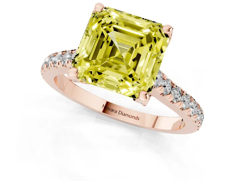 Asscher Cut Hidden Halo Pave Engagement Ring Setting for a Fancy Yellow Lab-Grown Diamond | Claw Prongs | Rose Gold