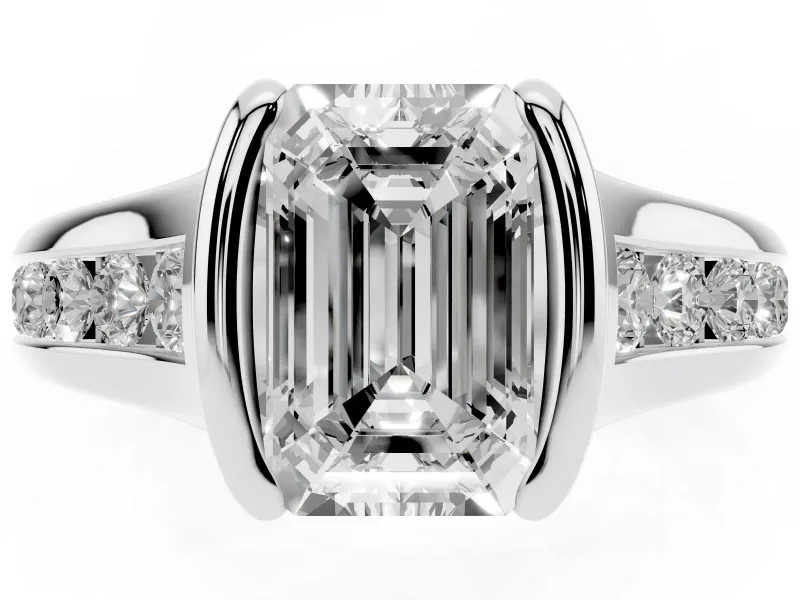 Emerald Cut Diamond Bezel-Set Solitaire Ring Set in White gold with Channel-Set Band