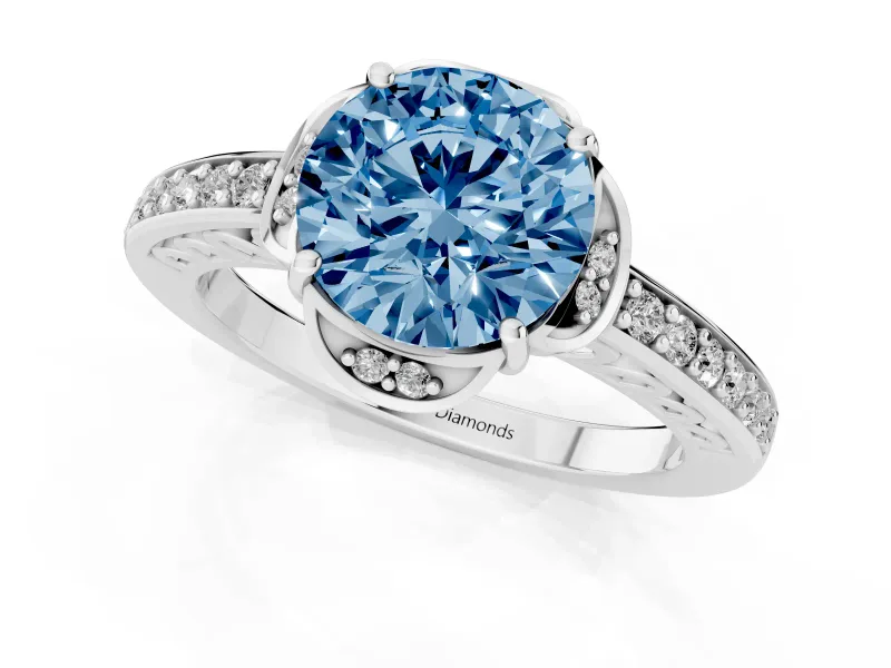Round Floral Pavé Engagement Ring Setting for a Fancy Blue Lab-Grown Diamond | White Gold