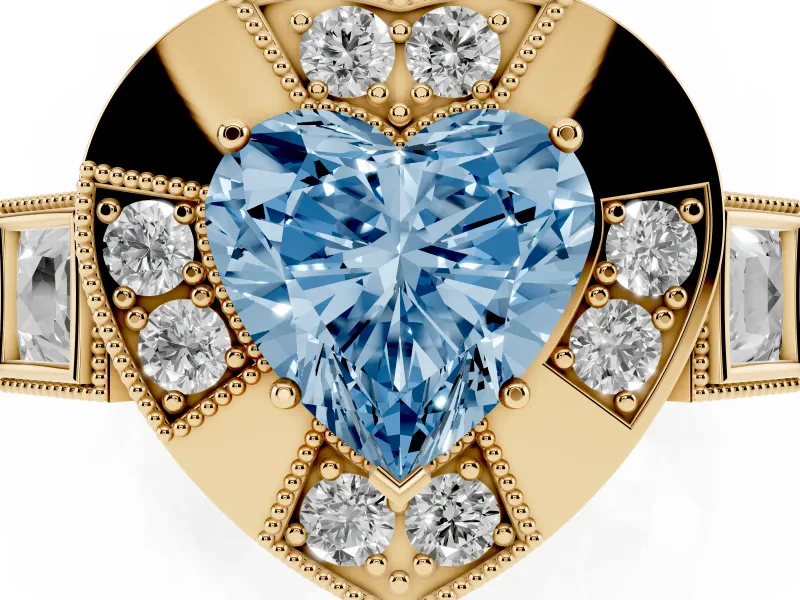 Heart-Shaped Milgrain Sectioned Halo Engagement Ring Setting for a Fancy Blue Lab-Grown Diamond | Yellow Gold