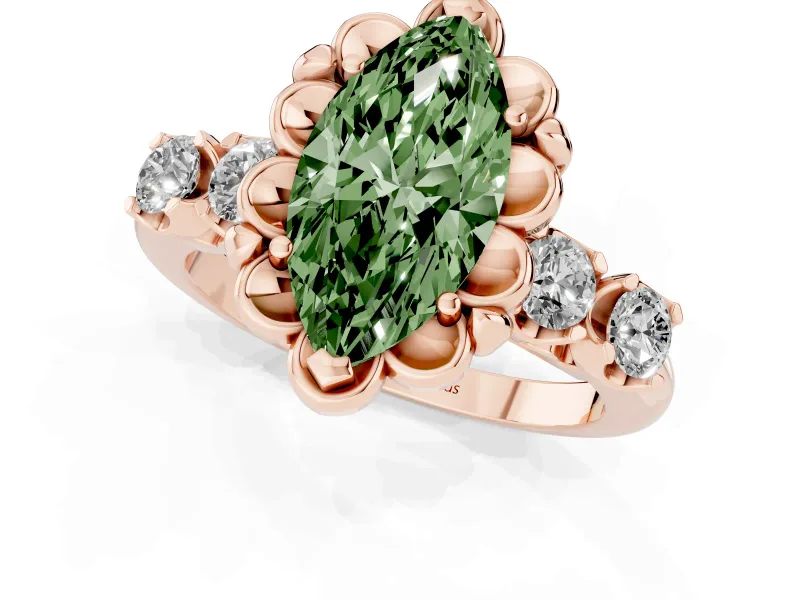 Marquise Floral Engagement Ring Setting for a Fancy Green Lab-Grown Diamond | Petal Frame and Side Stones | Rose Gold