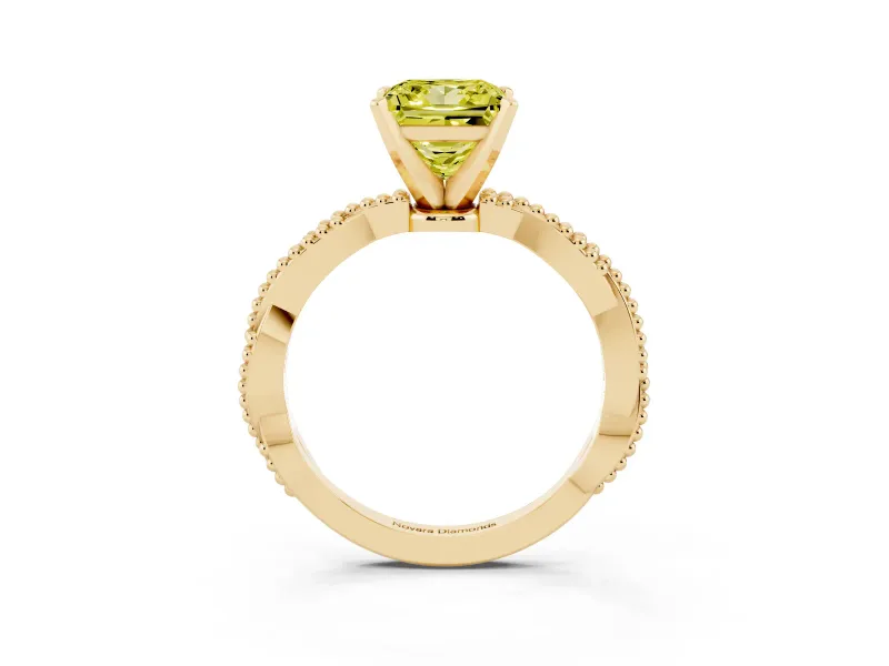 Fancy Yellow Princess Cut Diamond Solitaire Ring Set in Yellow gold with Twisted Band and Bead Prong Setting