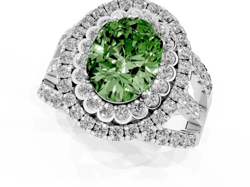 Oval Double Halo Split Shank Engagement Ring Setting for a Fancy Green Lab-Grown Diamond | Pave Strands | Platinum