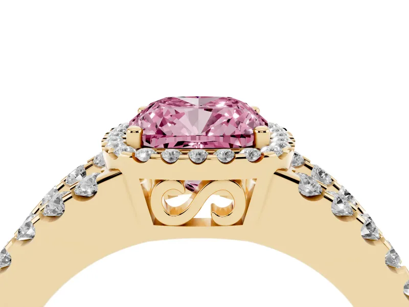 Cushion Cut Halo Engagement Ring Setting for a Fancy Pink Lab-Grown Diamond | Yellow Gold