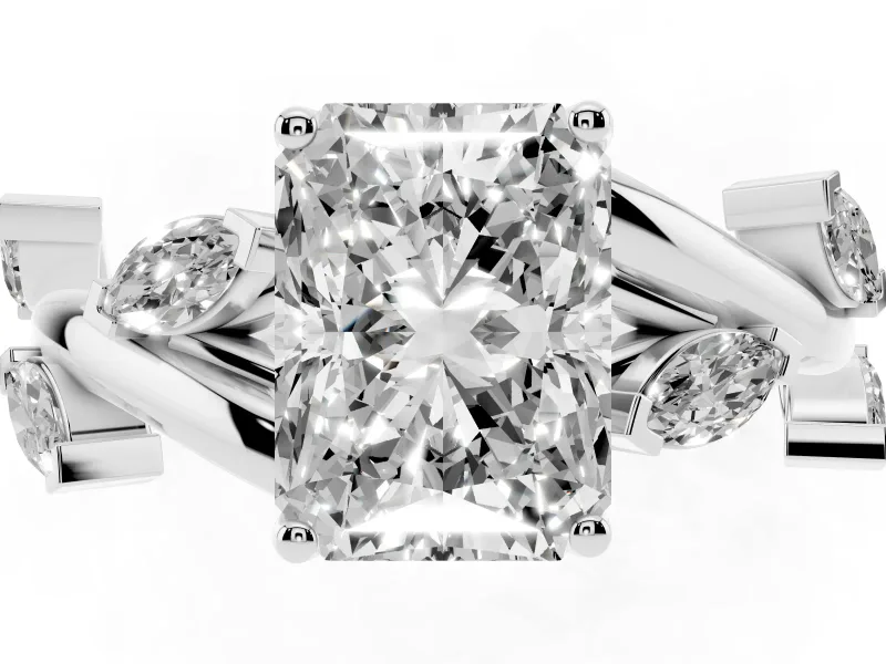 Radiant Cut Twisted Vine Engagement Ring Setting | Marquise Side Stones | White Gold