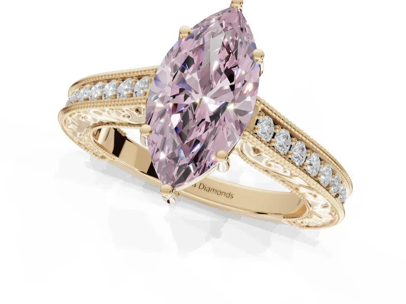 Marquise Vintage Engraved Pavé Engagement Ring Setting for a Fancy Pink Lab-Grown Diamond | Milgrain Edges | Yellow Gold