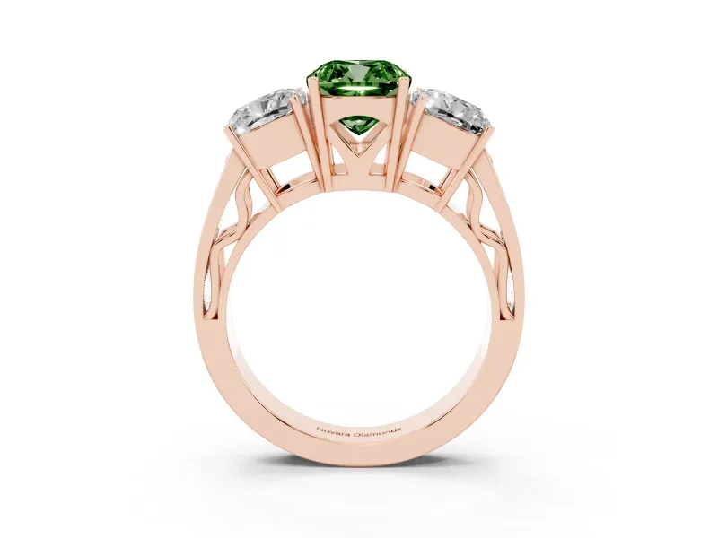 Cushion Cut Three Stone Engagement Ring Setting for a Fancy Green Lab-Grown Diamond | Beaded Shoulders | Rose Gold