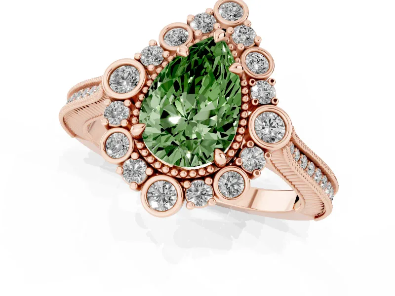 Pear-Shaped Scalloped Halo Engagement Ring Setting for a Fancy Green Lab-Grown Diamond | Milgrain Edges | Rose Gold