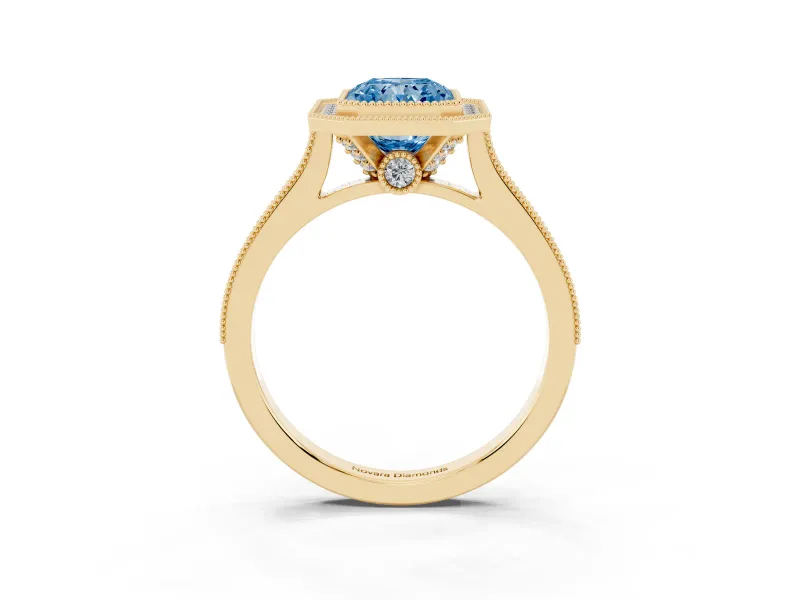 Radiant Cut Vintage Milgrain Halo Engagement Ring Setting for a Fancy Blue Lab-Grown Diamond | Bezel Head | Yellow Gold