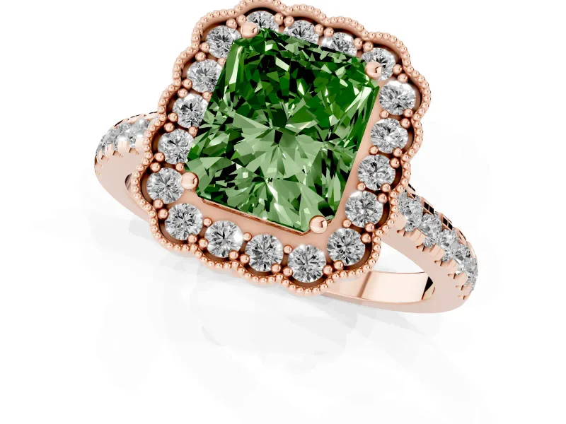 Fancy Green Radiant Cut Diamond Milgrain Floral Halo Engagement Ring Set in Rose gold with Pavé Band