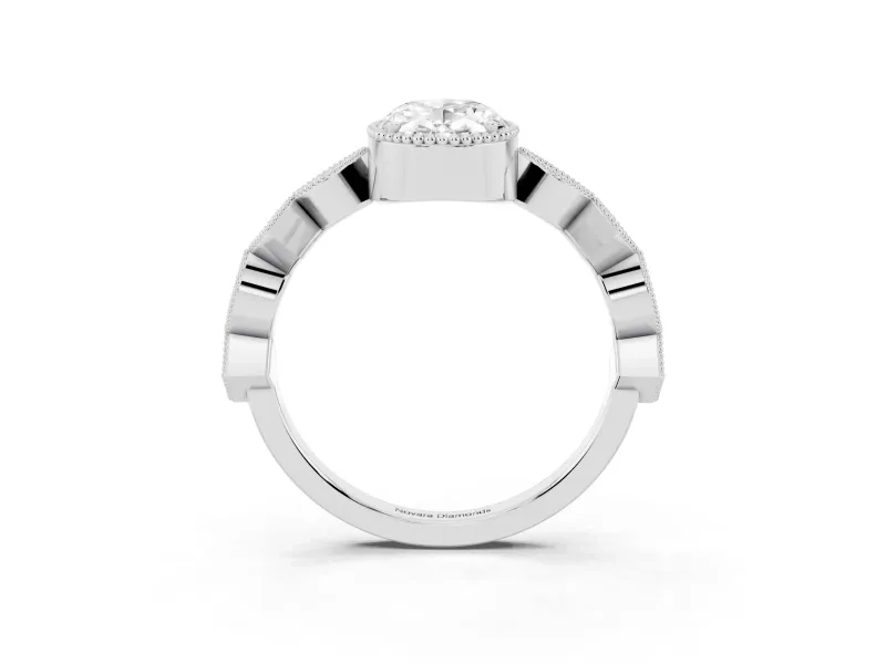 Oval Milgrain Bezel Engagement Ring Setting | Geometric Station Band | White Gold