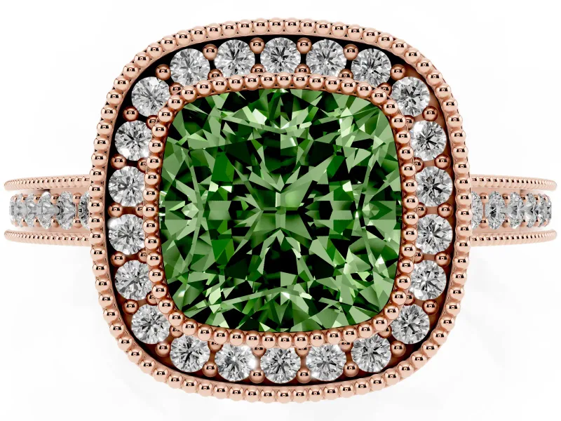 Cushion Cut Milgrain Halo Engagement Ring Setting for a Fancy Green Lab-Grown Diamond | Rose Gold
