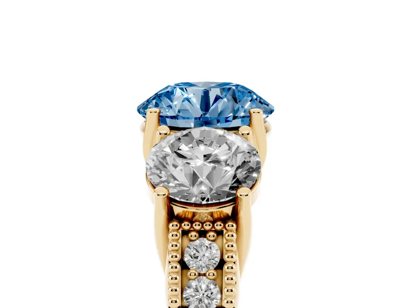 Round Vintage Three Stone Engagement Ring Setting for a Fancy Blue Lab-Grown Diamond | Yellow Gold