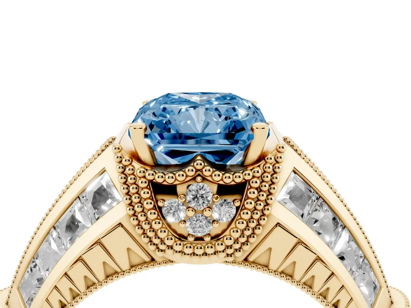 Fancy Blue Radiant Cut Diamond Vintage-Inspired Milgrain Ring Set in Yellow gold with Accent Split Shank