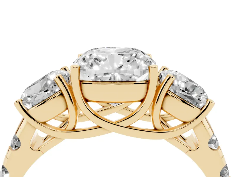 Cushion Cut Three Stone Engagement Ring Setting | Accented Shoulders | Yellow Gold