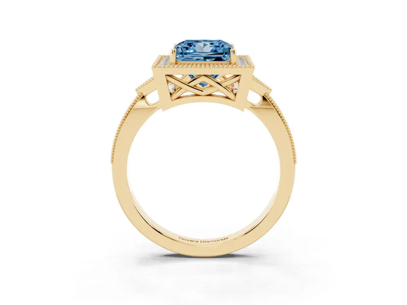 Fancy Blue Princess Cut Diamond Halo Engagement Ring Set in Yellow gold with Milgrain Pavé Band