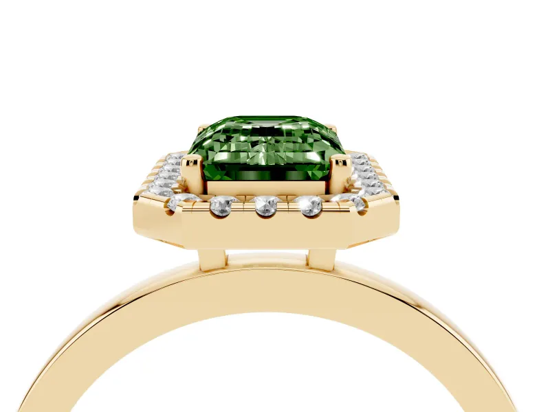 Fancy Green Emerald Cut Diamond Halo Solitaire Ring Set in Yellow gold with Pavé Band and Prong Setting