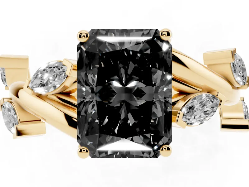 Radiant Cut Twisted Vine Engagement Ring Setting for a Black Center | Marquise Leaves | Yellow Gold