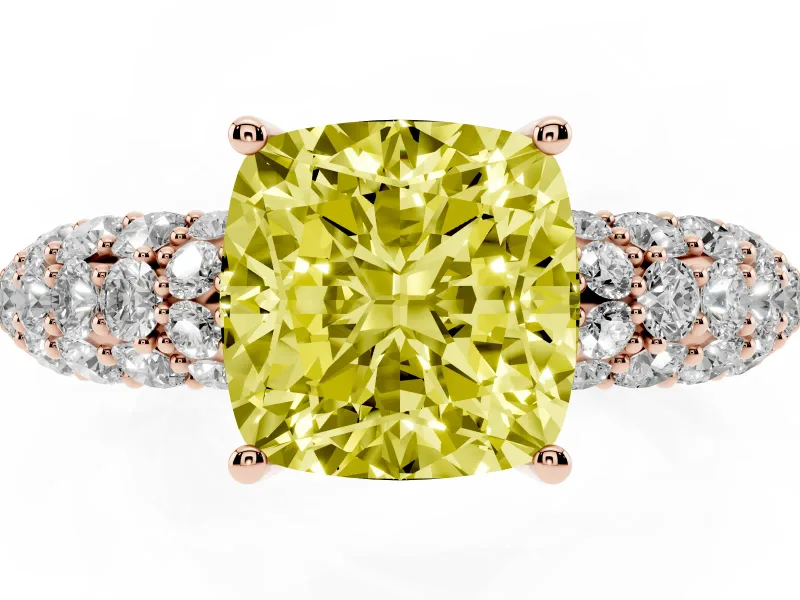 Cushion Cut Multi Row Pave Engagement Ring Setting for a Fancy Yellow Lab-Grown Diamond | Rose Gold