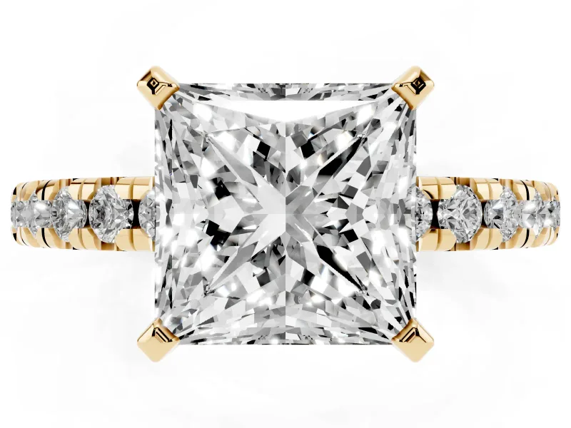 Princess Cut Pavé Solitaire Engagement Ring Setting | Scalloped Accent Row | Yellow Gold