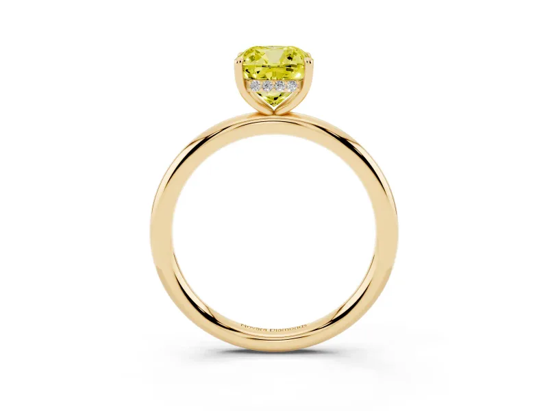 Fancy Yellow Cushion Cut Diamond Solitaire Ring Set in Yellow gold with Thin Band and Prong Setting