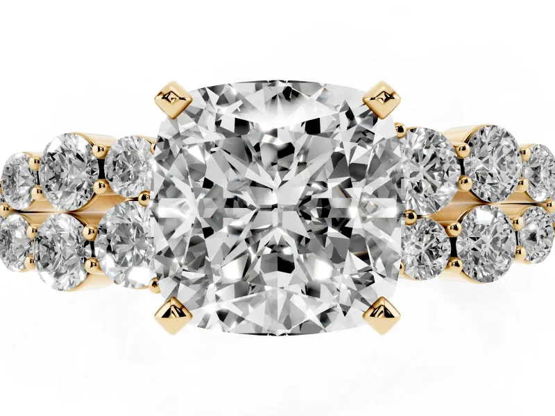 Cushion Cut Diamond Cluster Engagement Ring Set in Yellow gold with Pavé Band and Prong Setting