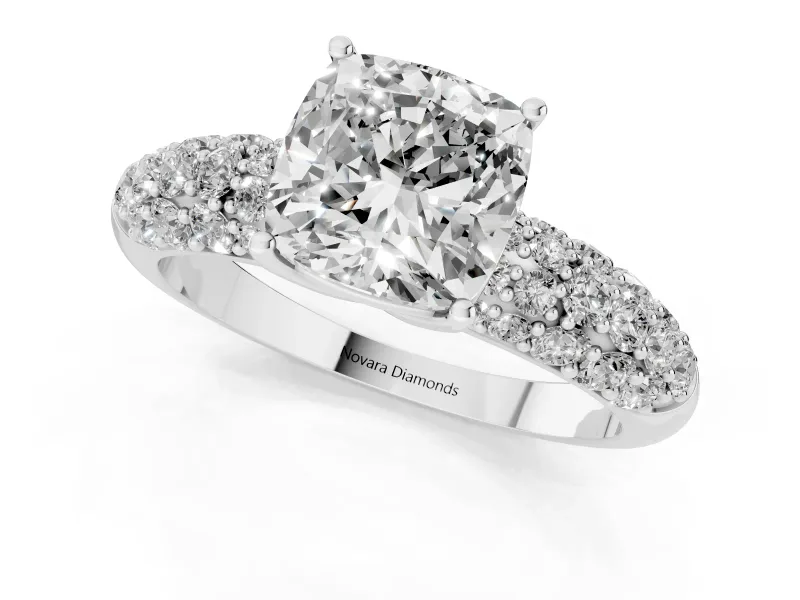 Cushion Cut Multi Row Pave Solitaire Engagement Ring Setting | Domed Shoulders | White Gold