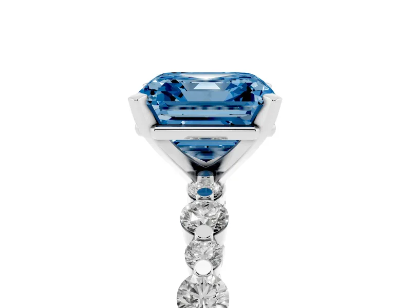 Fancy Blue Asscher Cut Diamond Prong Set Engagement Ring Set in Platinum with Round Accent Pavé Band