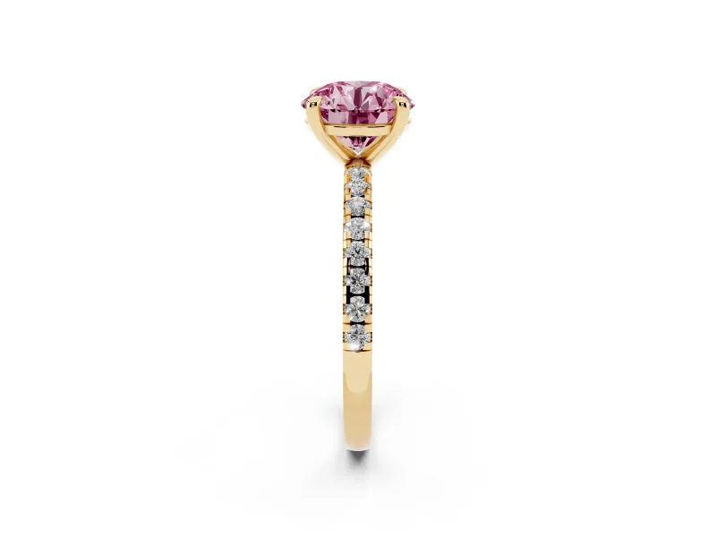 Round Petite Pavé Solitaire Engagement Ring Setting for a Fancy Pink Lab-Grown Diamond | Slim Band | Yellow Gold