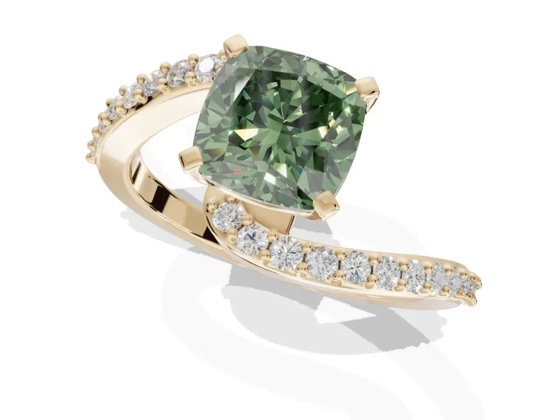 Cushion Cut Bypass Pavé Engagement Ring Setting for a Fancy Green Lab-Grown Diamond | Yellow Gold